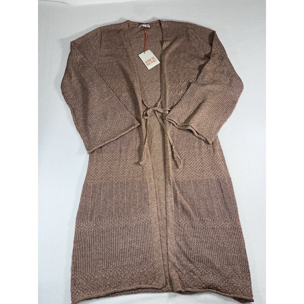 Knox Rose Boho Open Knit Longline Cardigan Sweater Tan Marled Tie Front Medium
